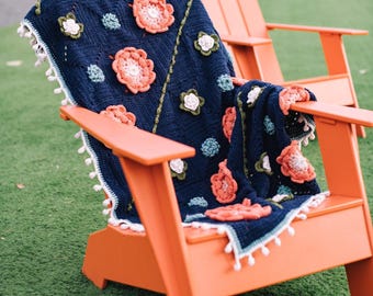 Midnight Garden Afghan crochet pattern PDF instant download floral block Pom Pom trim