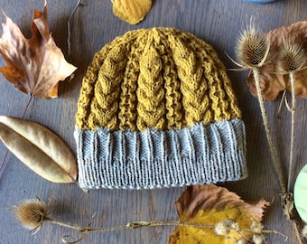 Hoarfrost Hat Knitting Pattern, Instant Download, Cabled Beanie, Double Brim, Unisex Hat