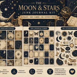 Può includere: Il kit per diario Moon & Stars include 16 pagine stampabili, oltre 100 schede per diario e 50 pezzi ritagliati. La collezione presenta immagini celesti, tra cui lune, stelle, telescopi e globi in tonalità blu scuro e crema.