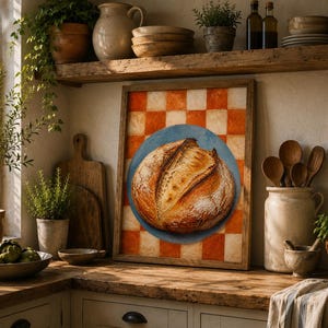 May include: A framed rectangular wall art print featuring a painting of a round, golden-brown sourdough loaf of bread centered on a blue plate, set against a background of an orange and white checkered pattern, displayed in a wooden frame.