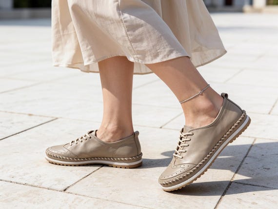 Beige Leather Lace-Up Flats for Women, Handmade Soft Walking Shoes
