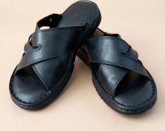 Sandalias de piel auténtica para hombre, pantuflas negras cruzadas, hechas a mano, para mayor comodidad en verano y uso diario.