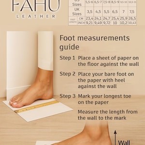 May include: A foot measurement guide with size conversions for shoes. The guide shows how to measure foot length in inches and centimeters. Includes EU, US, and UK shoe sizes, with corresponding foot lengths.