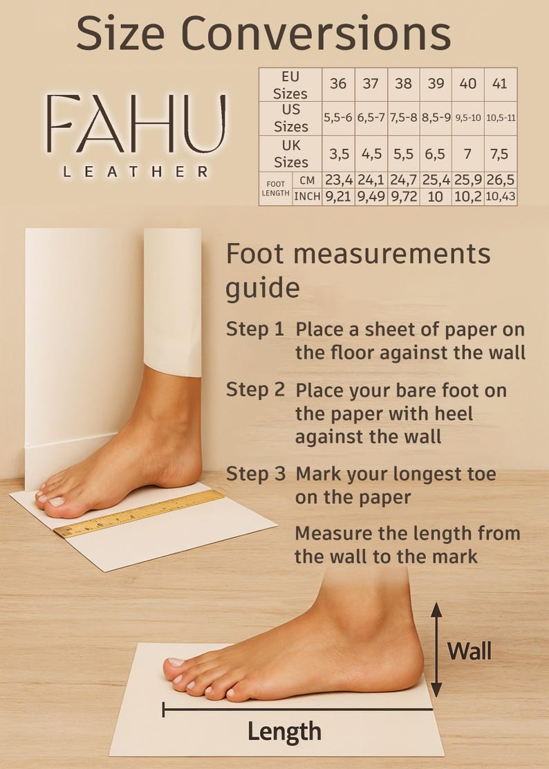May include: A foot measurement guide with size conversions for shoes. The guide shows how to measure foot length in inches and centimeters. Includes EU, US, and UK shoe sizes, with corresponding foot lengths.
