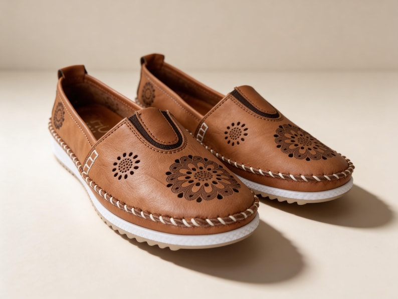 Pair of handmade tan leather slip-on flats with floral cutout design and white soles, photographed at an angle on a clean beige studio background.