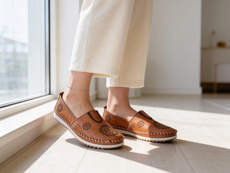 Woman sitting by a window wearing handmade tan leather slip-on flats with floral cutout details, paired with light-colored pants in natural indoor light.