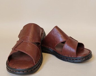 Handmade Brown Leather Slippers for Men Hand-stitched Slip-On Comfort Sandals