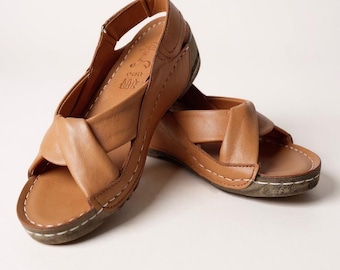 Sandali in pelle fatti a mano da donna: comode scarpe estive, sandali slingback marroni