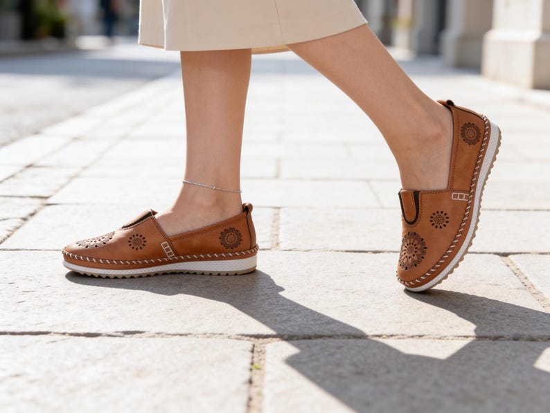 Woman walking outdoors in handmade tan leather slip-on flats with floral cutout detailing, styled with a cream skirt and delicate silver anklet.