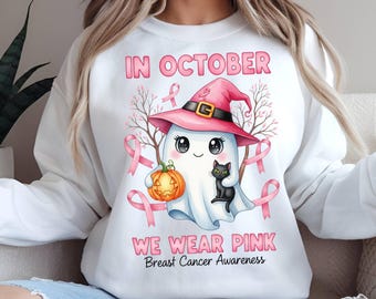 In October We Wear Pink Png, Breast Cancer Awareness Png, Retro Breast Cancer Png, Pink Ribbon Png,Cancer Survivor, Halloween Pink Ghost Png