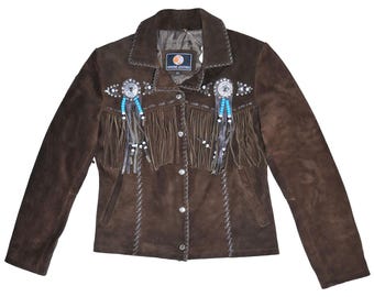Giacca western vintage in pelle scamosciata con frange - Cappotto in pelle marrone scuro da donna