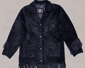 Chaqueta vaquera de ante azul con flecos: estilo western