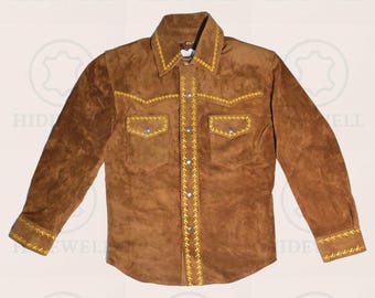 Handmade Brown Suede Leather Shirt: Men's Trucker Jacket