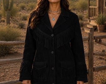 May include: A black suede jacket featuring long fringe detailing across the chest, cuffs, and hemline. The jacket has a collared neckline, a button-down front closure, and two front pockets with flaps. The material has a matte, textured finish.