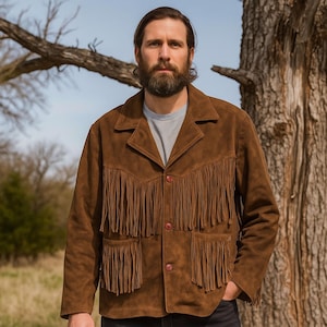 Vintage Pioneer Wear mens suede fringe jacket with classic western style 1970s-inspired design, perfect for boho festivals and outerwear