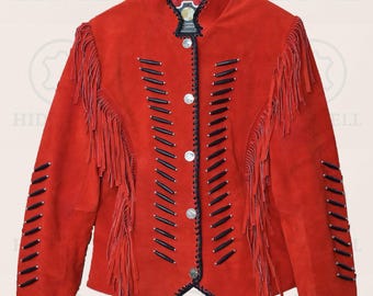 Chaqueta vaquera estilo western de ante rojo: flecos de cuero auténtico, estilo clásico