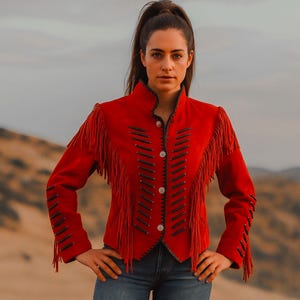 Giacca da cowgirl western in pelle scamosciata rossa da donna con frange – Vera pelle di prima qualità, stile western classico, capospalla resistente ed elegante