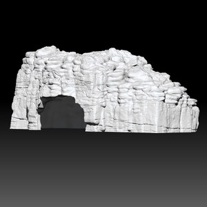Könnte beinhalten: Eine 3D-gerenderte, cremefarbene Felsformation mit einer höhlenartigen Öffnung. Die Felsstruktur hat ein geschichtetes, strukturiertes Aussehen mit sichtbaren Rissen und unebenen Oberflächen. Der Hintergrund ist einfarbig schwarz und hebt das detaillierte Felsmodell hervor.