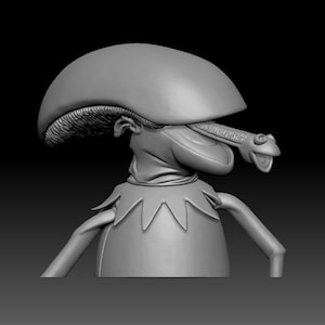 May include: A grey 3D-printed sculpture of a fantastical creature with a mushroom-shaped head, a long tongue, and a collar. The sculpture has a smooth, matte finish against a dark background.