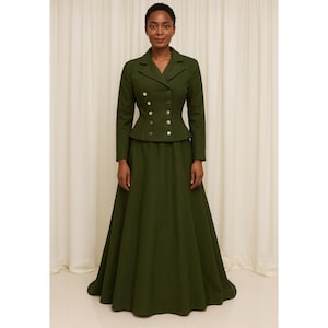 Olive Green Victorian Walking Suit: Edwardian Jacket & Skirt Set