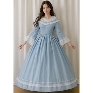 Blue Rococo Ball Gown: Victorian Lace Trim Costume