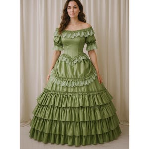 Victorian Ball Gown Green Cosplay Dress, Satin Lace Historical Costume, Retro Court Gown for Theater, Reenactment & Cosplay Events
