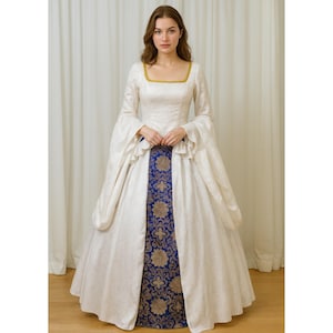 Rococo Ball Gown: White Satin & Blue Brocade Georgian Dress