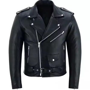 Genuine Cowhide Leather Jacket  Handmade Men&#39;s Motorcycle Jacket Black Biker Leather Jacket