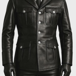 WW2 German Classic Military Officer Black Leather Coat Button Closure Black Jacket