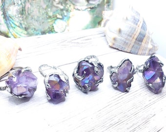 Amethyst Aura Crystal Rings - Druzy Geode Ooak Boho Artisan Made Statement Ring Adjustable Whimsygothic Fairy core alternative E girl Ring