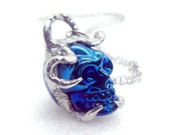 Titanium blue horned skull necklace mens jewelry fantasy cosplay jewelry