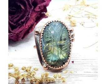 Labradorite butterfly rainbow crystal copper Ring handmade size 6 metalwork