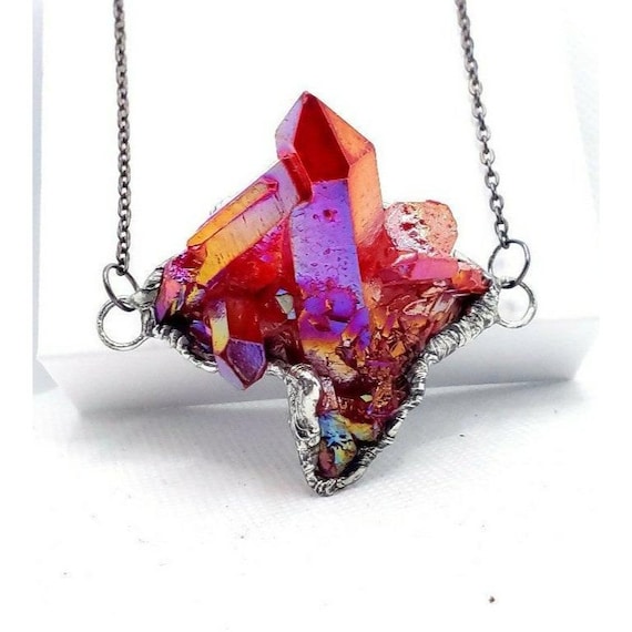 Huge Red Aura Quartz Crystal Necklace Handmade cosplay costume jewelry statement necklace