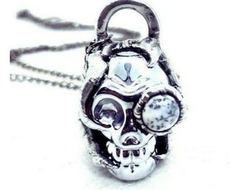 Silver skull and dendritic opal crystal eyeball gothic fantasy style necklace