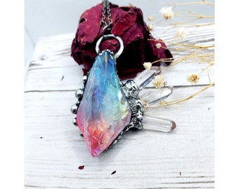Pink and blue angel aura quartz crystal Necklace handmade gothic fantasy jewelry