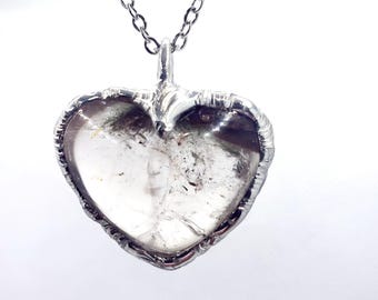Lodolite garden quartz crystal heart necklace handmade metalwork jewelry
