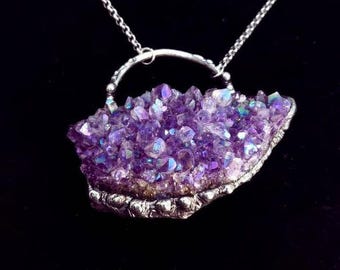 Amethsyt geode necklace handmade rainbow crystal statement piece huge necklace