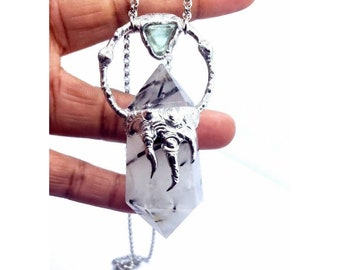 The Night King blue flourite and black tourmaline rutilated quartz crystal nec