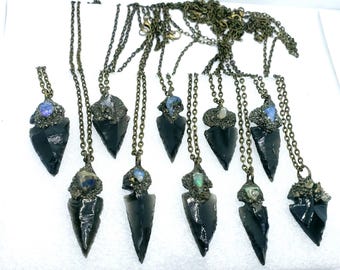 Opal and Obsidian Arrowhead Encrusted Pyrite Crystal Necklace Handmade Woman's Ooak Boho gothic fairy fantasy style statement necklace