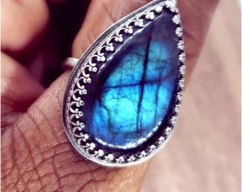Blue Labradorite Sterling silver crystal ring handmade tear drop shape crown