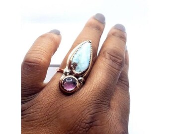 Amethyst and Larmiar Crystal Statement Ring Handmade Copper Jewelry Boho