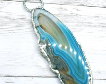 Huge agate crystal necklace handmade blue ooak statement piece