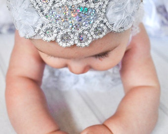 GLAM--Silver & White Sequin Flower Headband