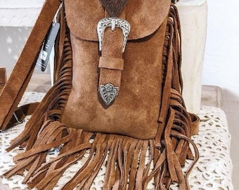 Brown Leather Fringe Bag, Handmade Suede Crossbody Purse Western Satchel