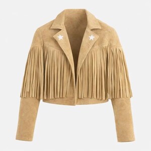 Chaqueta de ante beige con flecos para mujer – Abrigo vaquero corto estilo western con parche de estrella y mangas tipo capa.