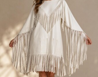 White Leather Fringe Dress, Luxury Handmade Western Cowgirl Clothing, Genuine Suede Dress