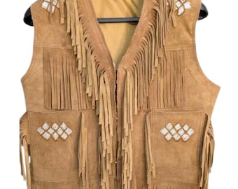 Vintage Suede Fringe Vest – Beaded Western Leather Waistcoat, Native-Inspired Boho Cowboy Style