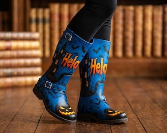 Gepersonaliseerde Halloween hoge laarzen met naam, blauwe griezelige pompoen gothic cosplay schoenen, heksenachtige spookhuis leren schoenen