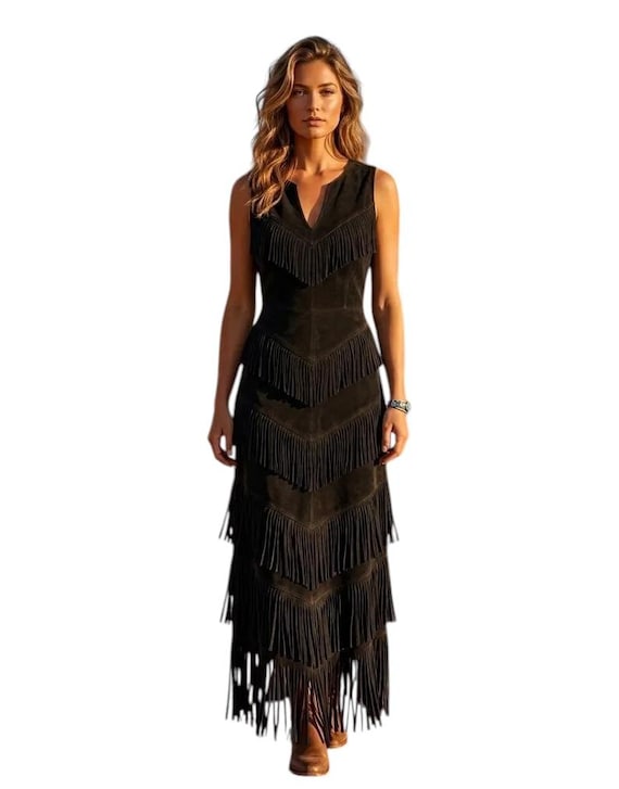 Western Fringe Dress for Women | Handmade Brown Leather Cowgirl Dress