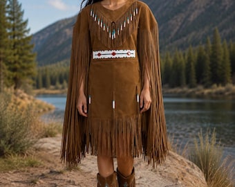Brown Suede Fringe Dress, Handmade Western Cowgirl Leather Outfit